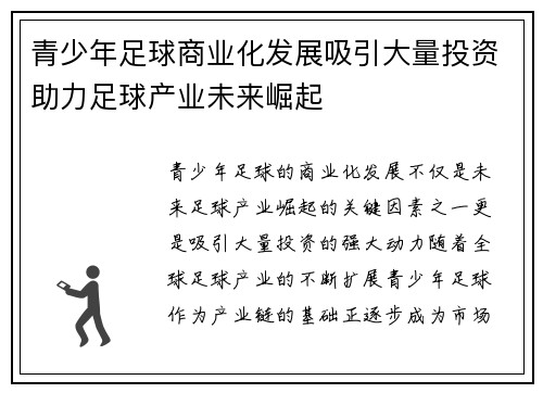 青少年足球商业化发展吸引大量投资助力足球产业未来崛起