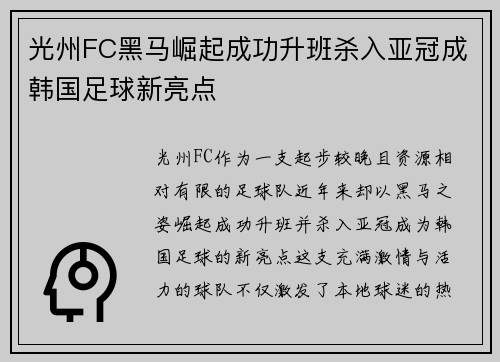 光州FC黑马崛起成功升班杀入亚冠成韩国足球新亮点